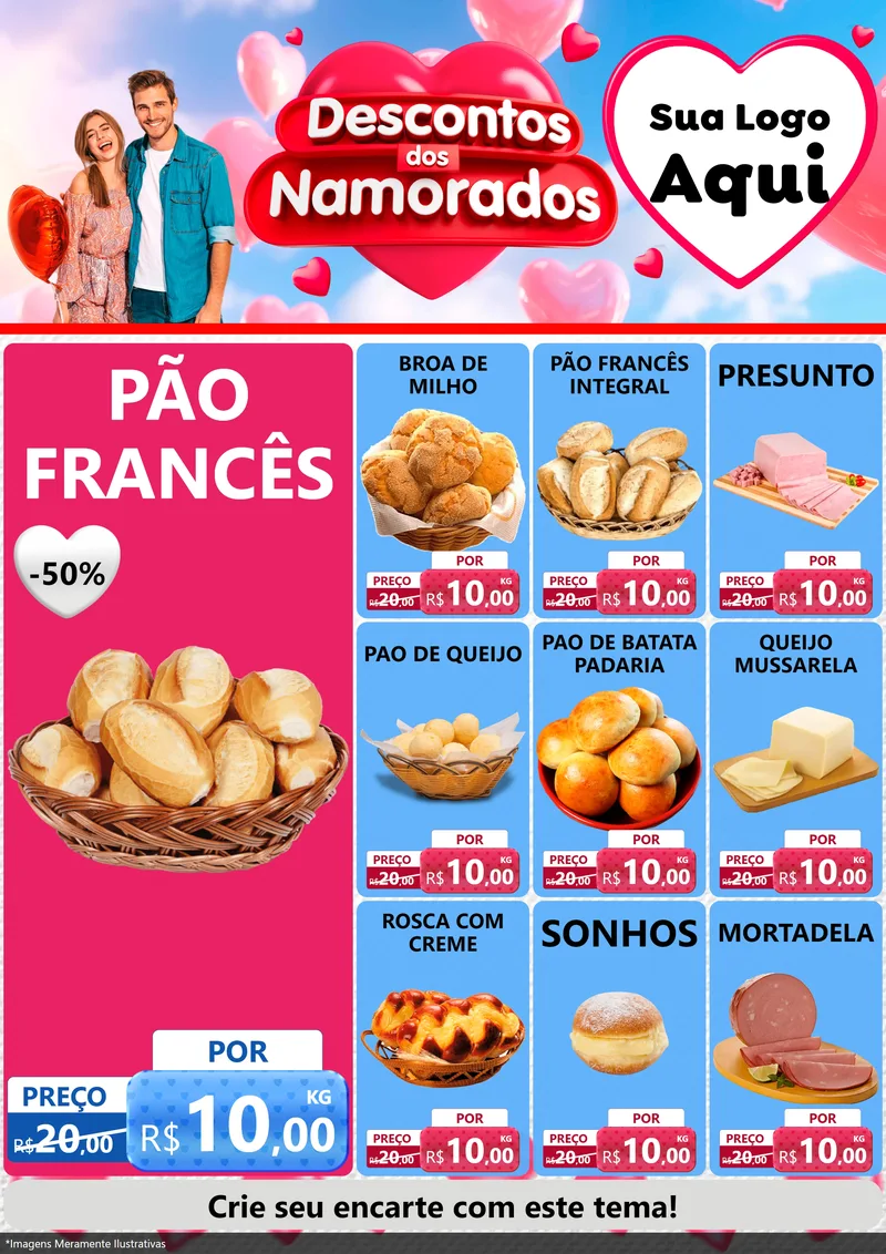 Modelo de Encarte para Encarte A4 Vertical com o tema Descontos dos Namorados para Padaria