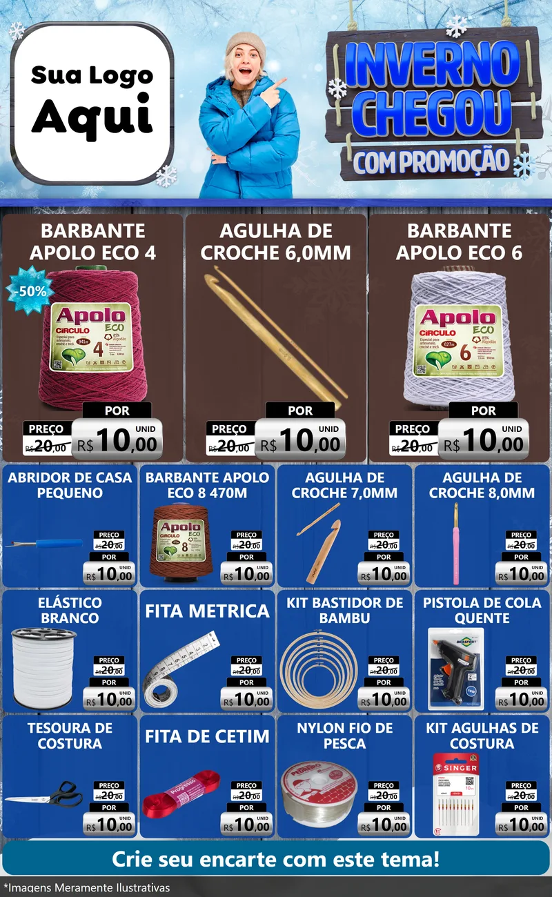 Modelo de Encarte para Encarte Grande com o tema Inverno Chegou Com Promoção para Armarinho e Aviamentos