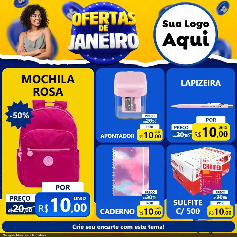 Modelo de Rede Social para Feed Facebook com o tema Ofertas de Janeiro para Papelaria
