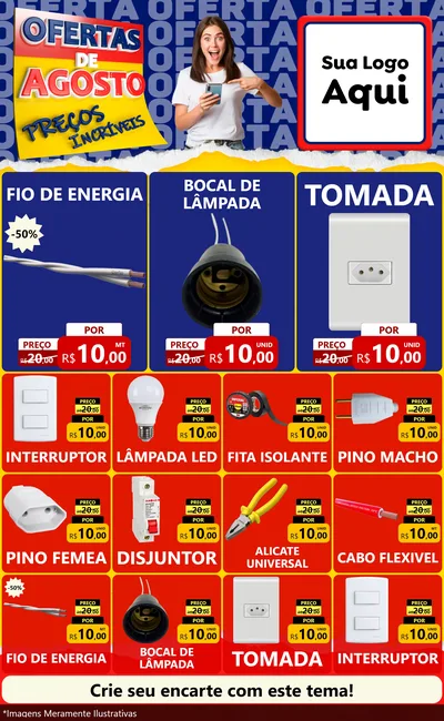 Modelo de Encarte para Encarte Grande com o tema Ofertas de Agosto - Preços Incríveis para Materiais Elétricos