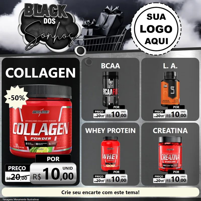 Modelo de Rede Social para Feed Facebook com o tema Black dos Sonhos para Suplementos alimentares
