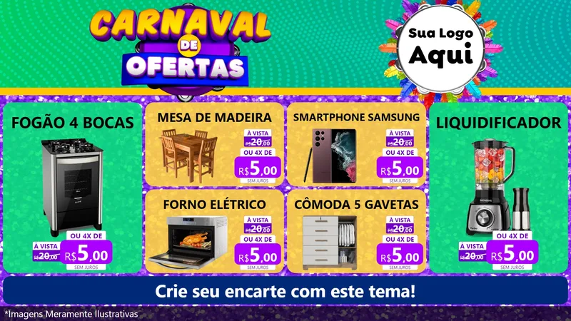 Modelo de TV para TV Horizontal com o tema Carnaval de Ofertas para Móveis e Eletro
