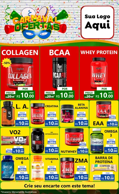 Modelo de Encarte para Encarte Grande com o tema Carnaval de Ofertas para Suplementos alimentares