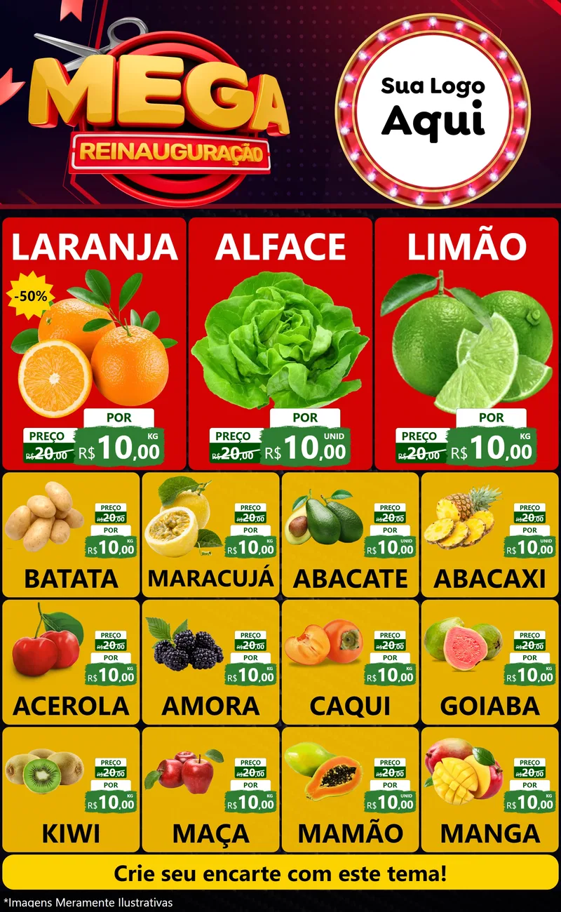 Modelo de Encarte para Encarte Grande com o tema Mega Reinauguração para Hortifrúti
