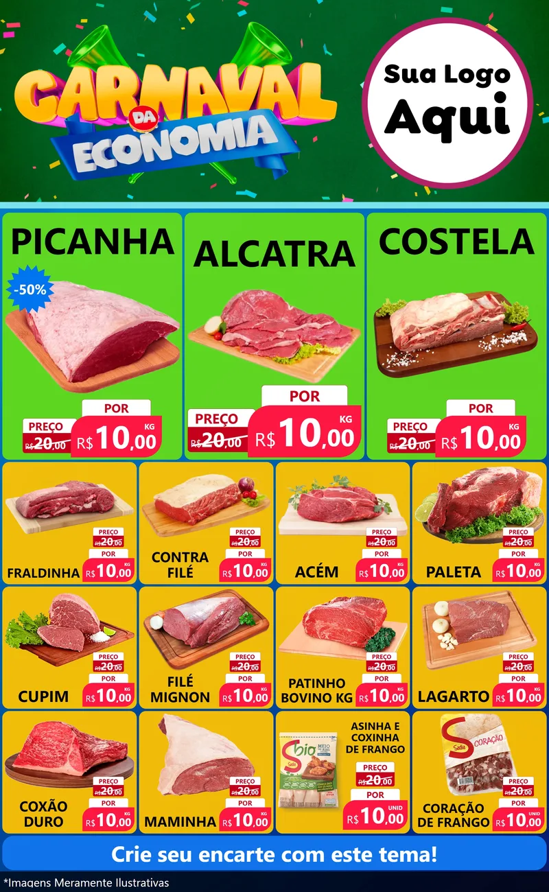 Modelo de Encarte para Encarte Grande com o tema Carnaval da Economia para Açougue
