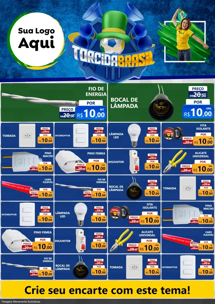 Modelo de Encarte para Encarte A4 Vertical com o tema Torcida Brasil - Copa para Materiais Elétricos