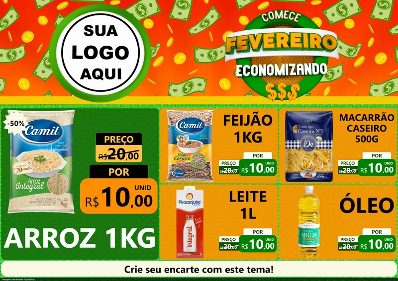Modelo de Encarte para Encarte A4 Horizontal com o tema Comece Fevereiro Economizando para Supermercado