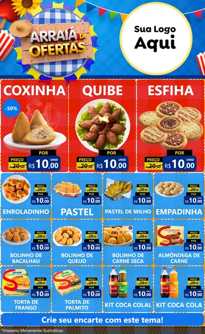 Modelo de Encarte para Encarte Grande com o tema Arraiá de Ofertas para Salgadaria