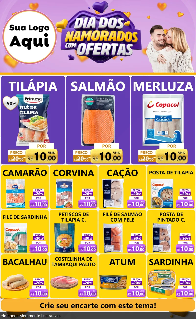 Modelo de Encarte para Encarte Grande com o tema Dia Dos Namorados Com Ofertas para Peixaria