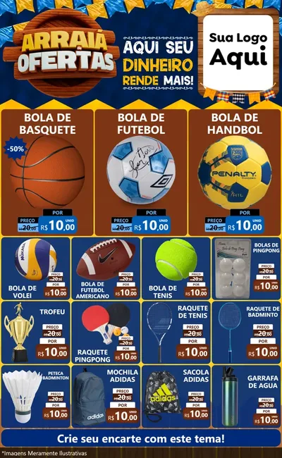Modelo de Encarte para Encarte Grande com o tema Arraiá de Ofertas - Junina para Artigos Esportivos