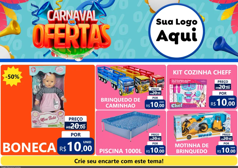 Modelo de Encarte para Encarte A4 Horizontal com o tema Carnaval de Ofertas para Brinquedos