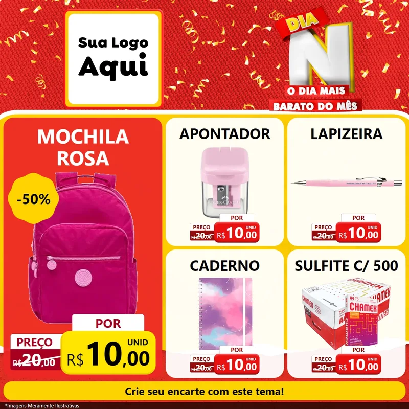 Modelo de Rede Social para Feed Facebook com o tema Dia N o Dia Mais Barato do Mês para Papelaria