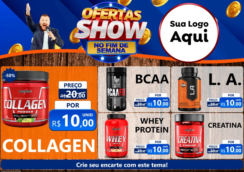 Modelo de Encarte para Encarte A4 Horizontal com o tema Ofertas Show No Fim De Semana para Suplementos alimentares