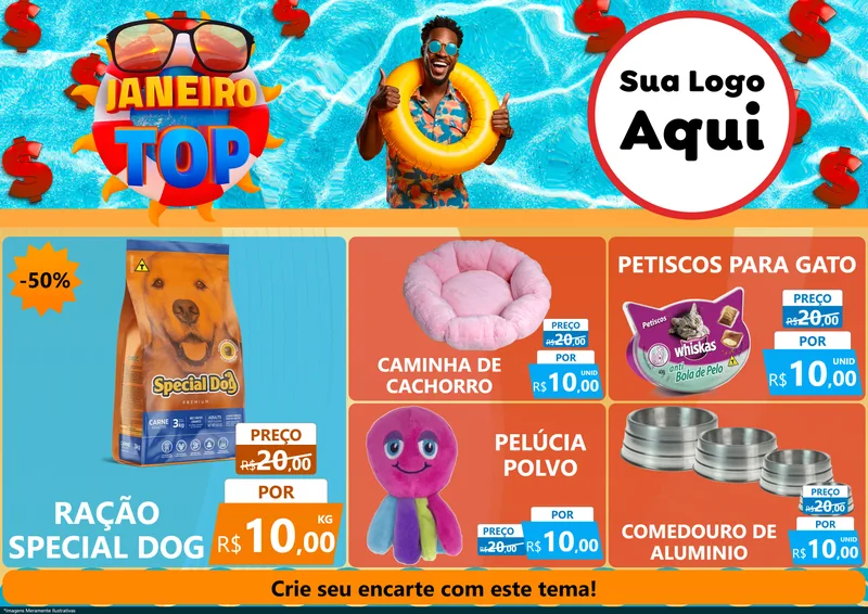 Modelo de Encarte para Encarte A4 Horizontal com o tema Janeiro Top para Pet Shop