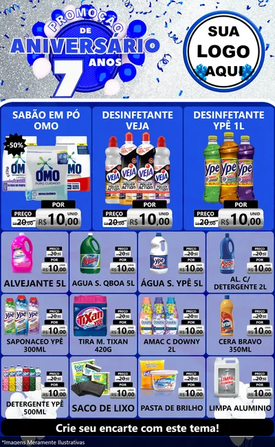 Modelo de Encarte para Encarte Grande com o tema Promoção de Aniversário - 7 Anos para Produtos de Limpeza