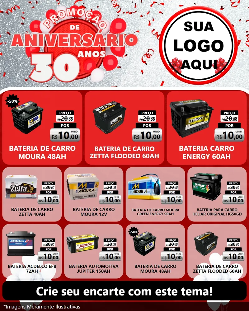 Modelo de Rede Social para Feed Instagram com o tema Promoção de Aniversário - 30 Anos para Baterias Elétricas