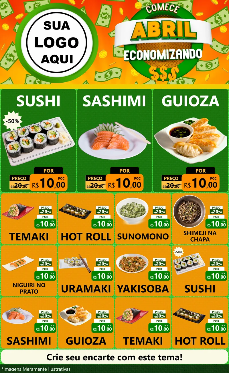 Modelo de Encarte para Encarte Grande com o tema Comece Abril Economizando para Comida japonesa