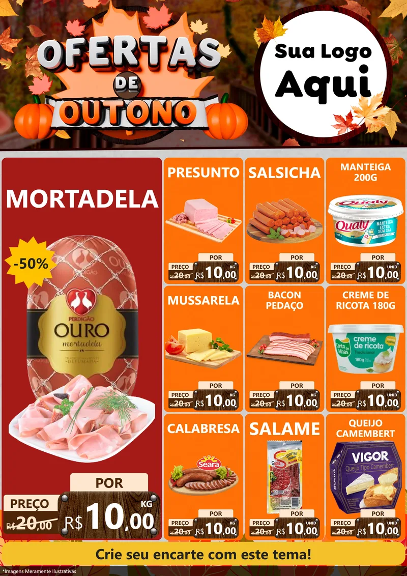 Modelo de Encarte para Encarte A4 Vertical com o tema Ofertas de Outono para Frios e Laticínios