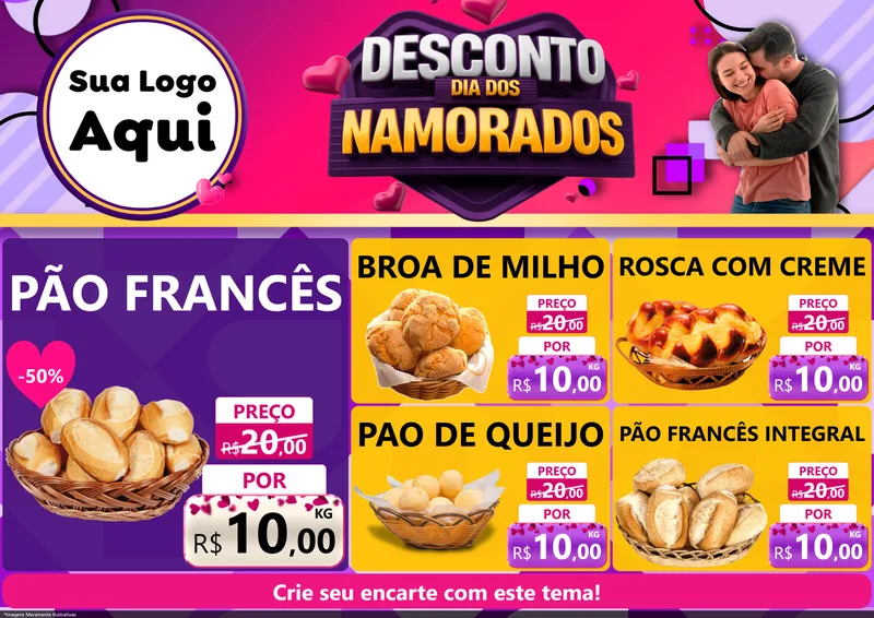 Modelo de Encarte para Encarte A4 Horizontal com o tema Desconto Dia dos Namorados para Padaria