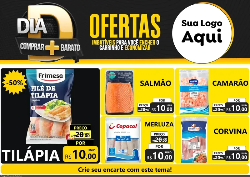 Modelo de Encarte para Encarte A4 Horizontal com o tema Dia D Mais Economia para Peixaria