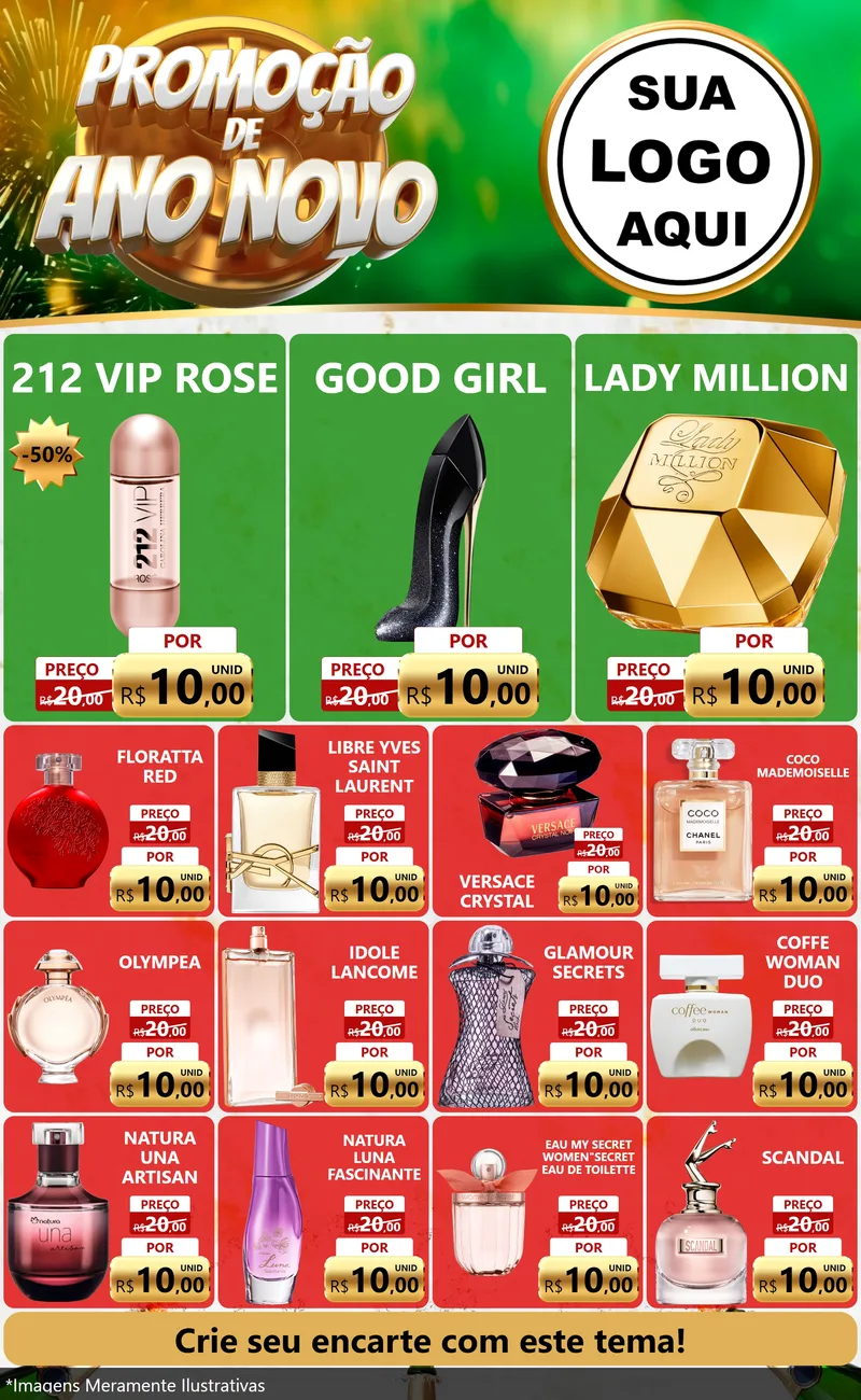 Modelo de Encarte para Encarte Grande com o tema Promoção de Ano Novo para Perfumes