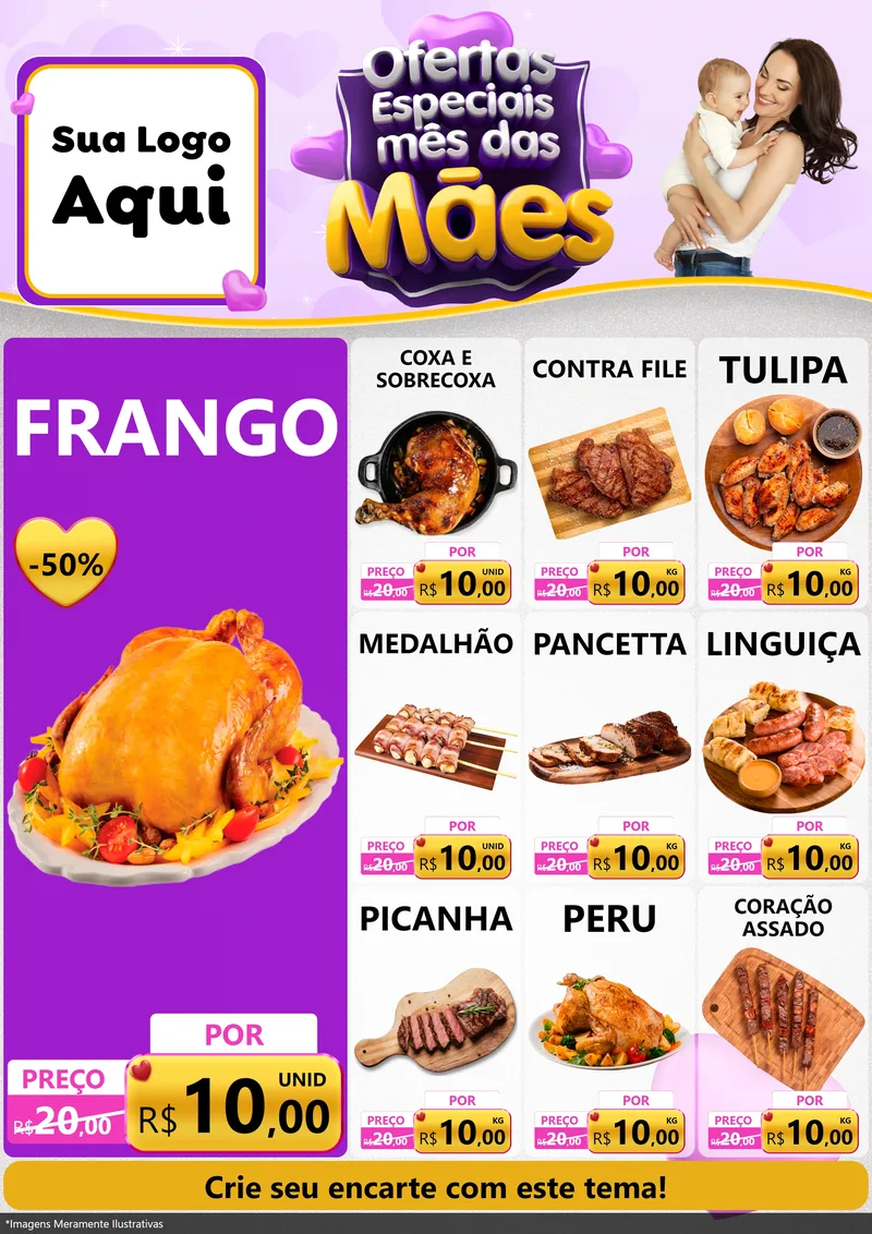 Modelo de Encarte para Encarte A4 Vertical com o tema Ofertas Especiais - Mês das Mães para Assados
