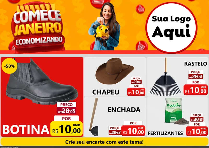 Modelo de Encarte para Encarte A4 Horizontal com o tema Comece Janeiro Economizando para Agropecuária