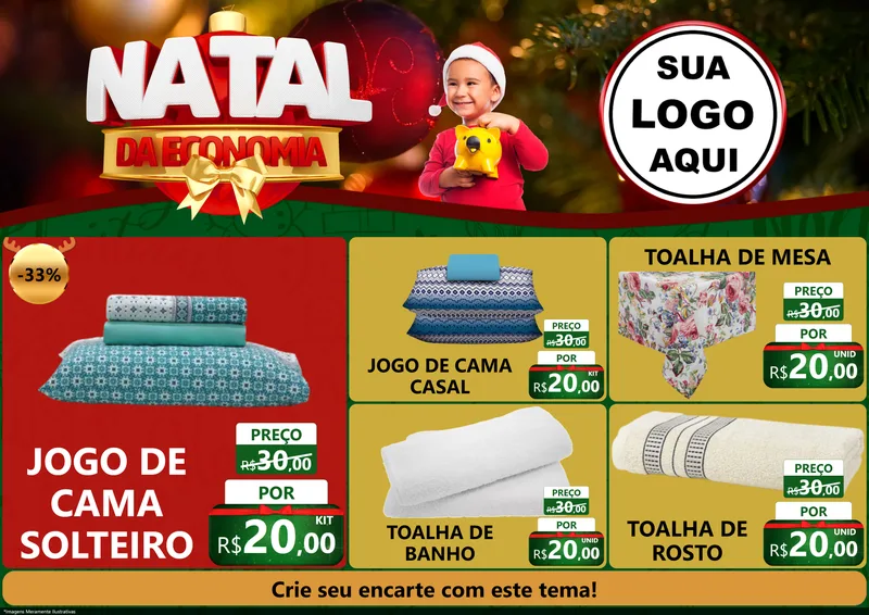 Modelo de Encarte para Encarte A4 Horizontal com o tema Natal da Economia para Cama, Mesa e Banho