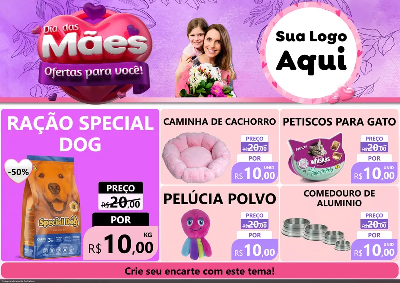 Modelo de Encarte para Encarte A4 Horizontal com o tema Dia das Mães Ofertas para Você! para Pet Shop