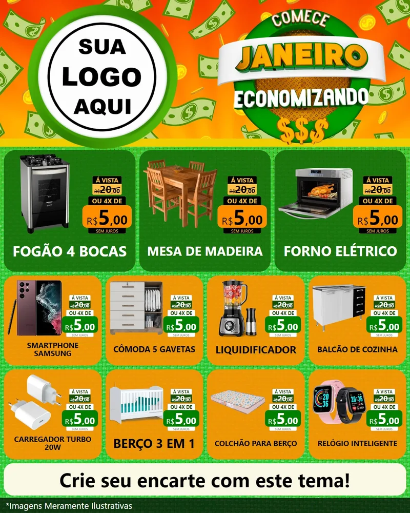 Modelo de Rede Social para Feed Instagram com o tema Comece Janeiro Economizando para Móveis e Eletro