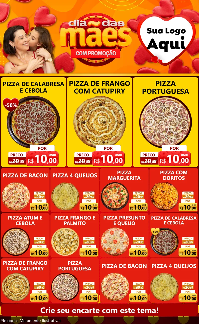 Modelo de Encarte para Encarte Grande com o tema Dia das Mães com Promoção para Pizzaria