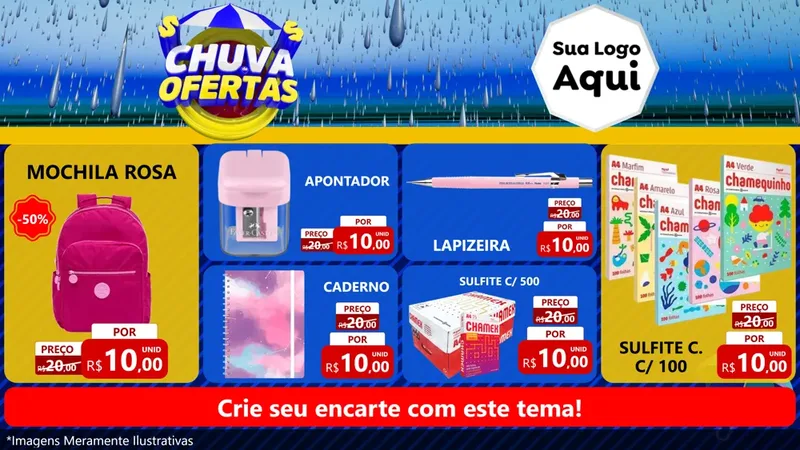 Modelo de TV para TV Horizontal com o tema Chuva de Ofertas para Papelaria