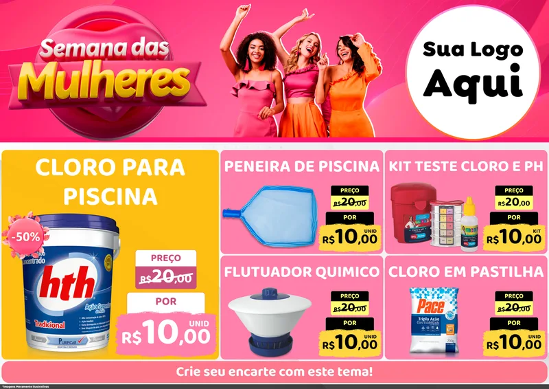 Modelo de Encarte para Encarte A4 Horizontal com o tema Semana das Mulheres para Produtos para Piscina