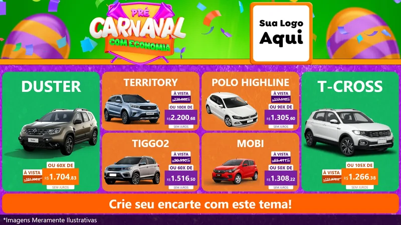 Modelo de TV para TV Horizontal com o tema Pré-Carnaval Com Economia para Concessionaria de Carros