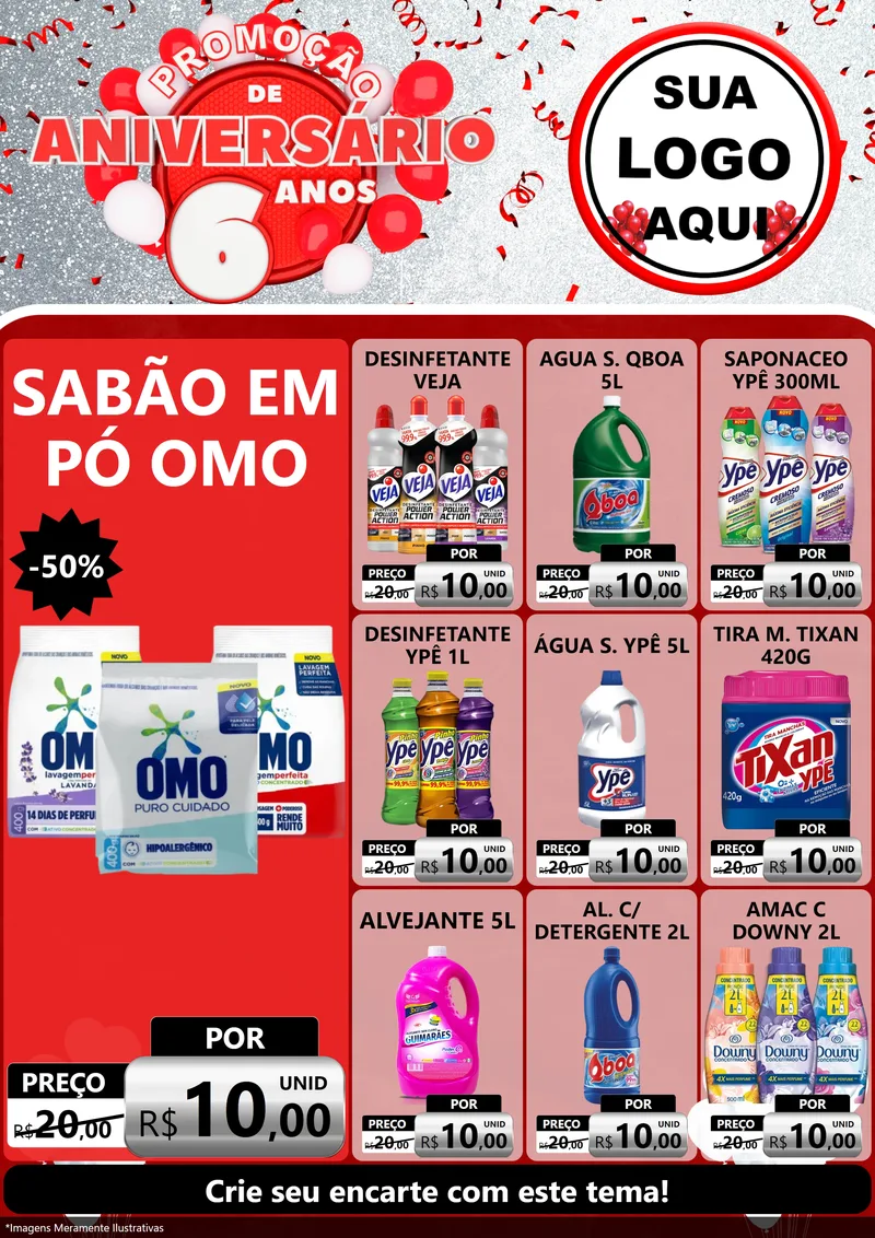 Modelo de Encarte para Encarte A4 Vertical com o tema Promoção de Aniversário - 6 Anos para Produtos de Limpeza