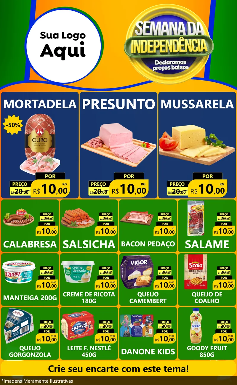 Modelo de Encarte para Encarte Grande com o tema Semana da Independência Declaramos Preços Baixos para Frios e Laticínios