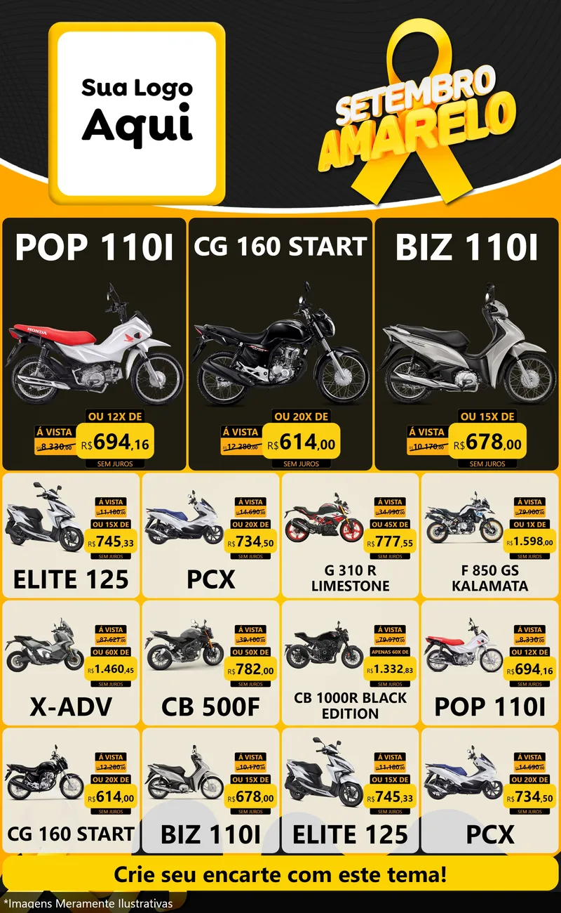 Modelo de Encarte para Encarte Grande com o tema Setembro Amarelo para Concessionaria de Motos