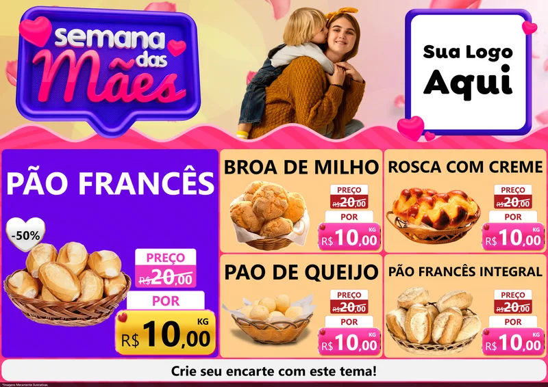 Modelo de Encarte para Encarte A4 Horizontal com o tema Semana das Mães para Padaria