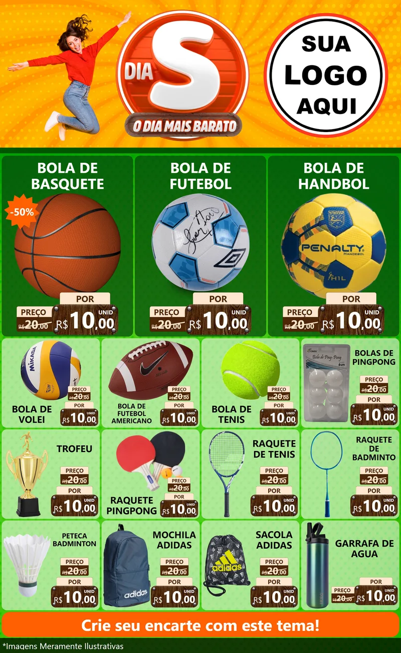 Modelo de Encarte para Encarte Grande com o tema Dia S - O Dia Mais Barato para Artigos Esportivos