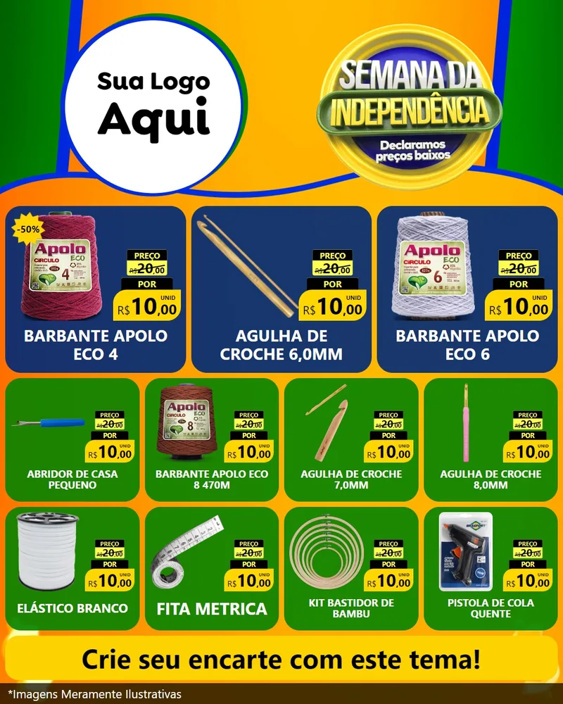 Modelo de Rede Social para Feed Instagram com o tema Semana da Independência Declaramos Preços Baixos para Armarinho e Aviamentos