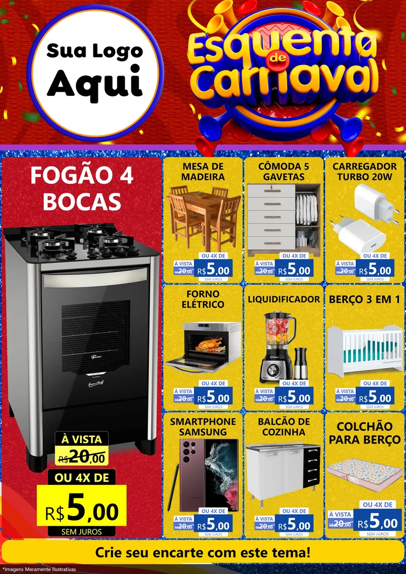 Modelo de Encarte para Encarte A4 Vertical com o tema Esquenta de Carnaval para Móveis e Eletro