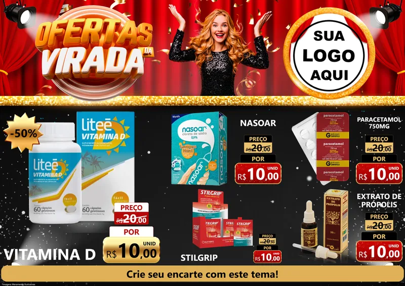 Modelo de Encarte para Encarte A4 Horizontal com o tema Ofertas da Virada para Farmácia