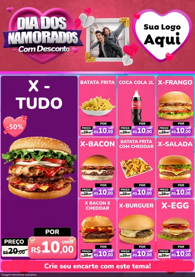 Modelo de Encarte para Encarte A4 Vertical com o tema Dia Dos Namorados Com Desconto para Hamburgueria