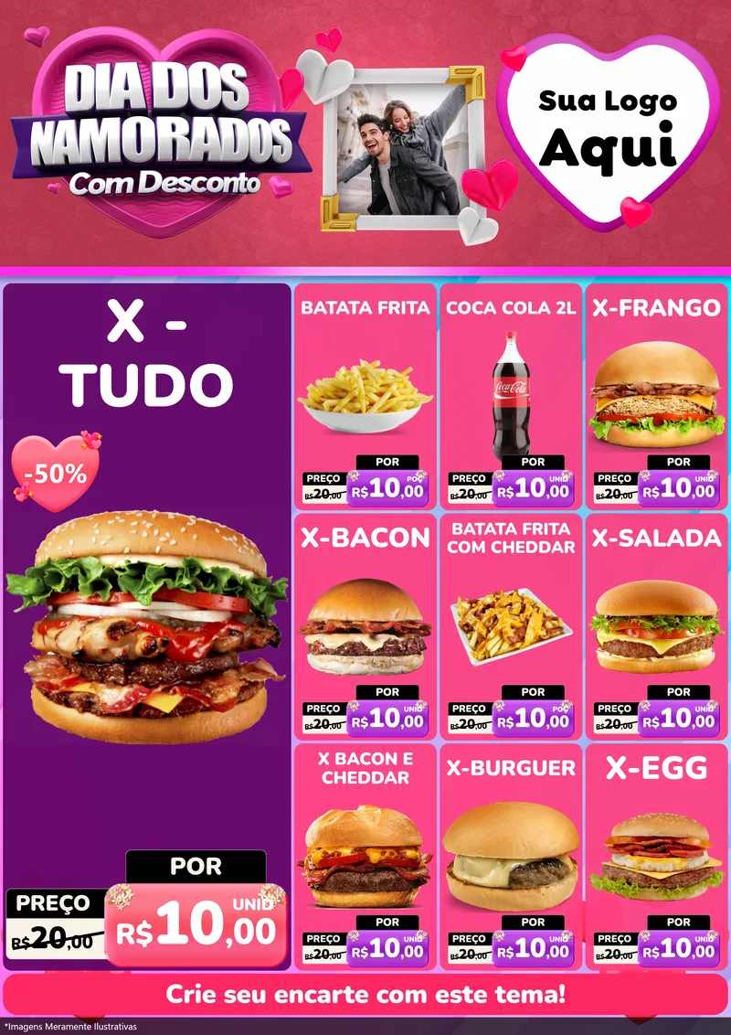 Modelo de Encarte para Encarte A4 Vertical com o tema Dia Dos Namorados Com Desconto para Hamburgueria