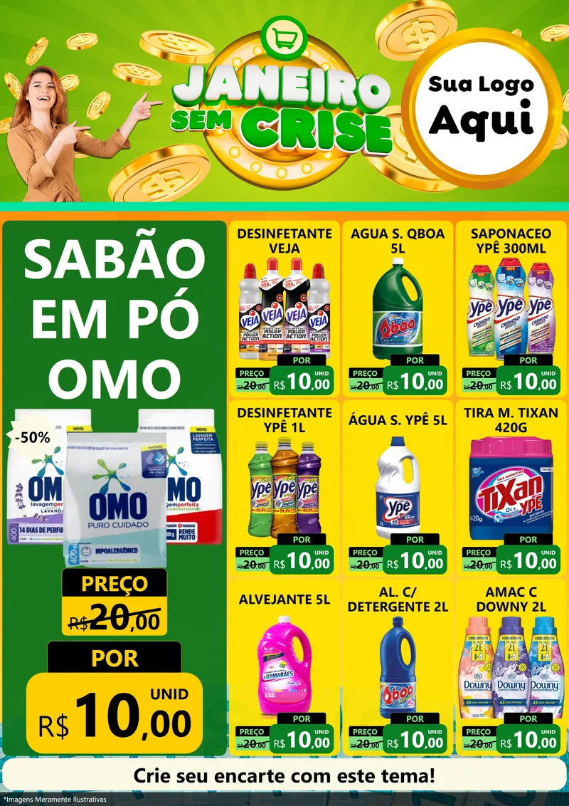 Modelo de Encarte para Encarte A4 Vertical com o tema Janeiro Sem Crise para Produtos de Limpeza