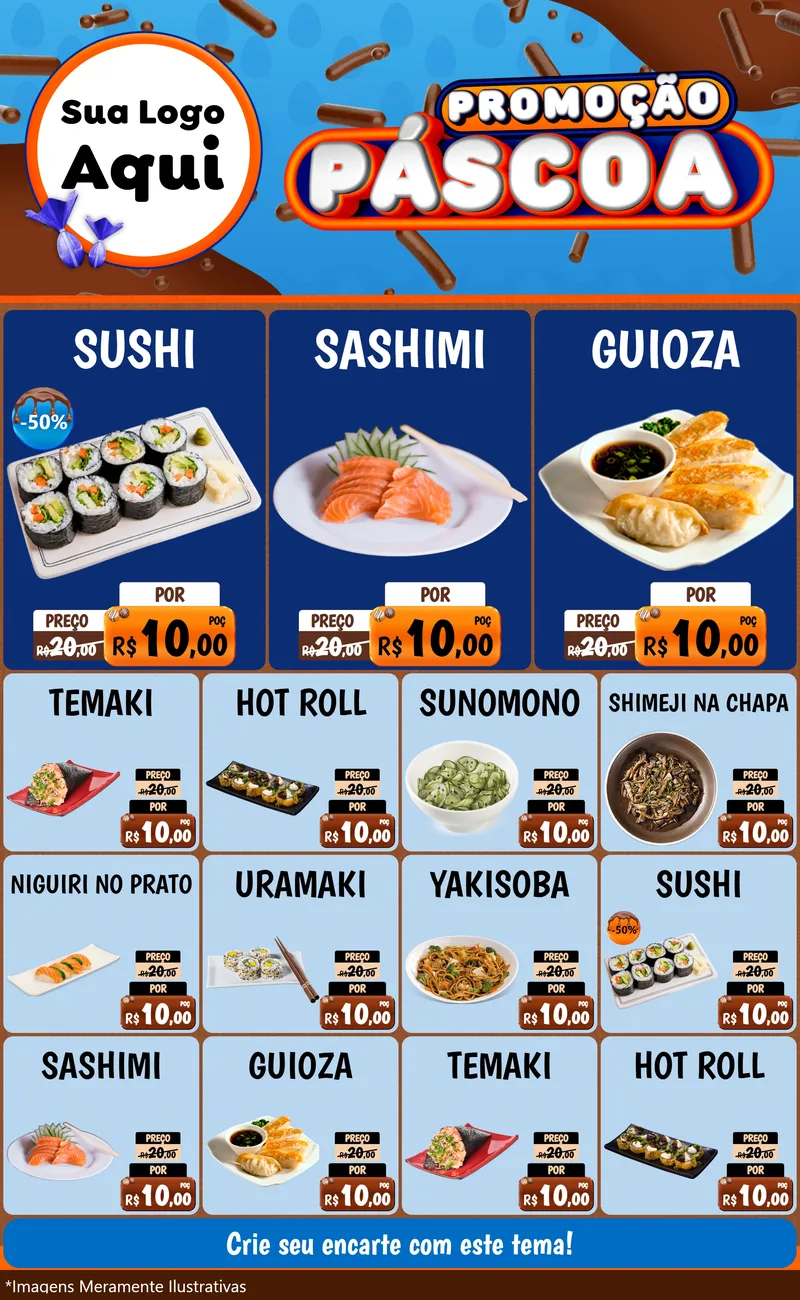 Modelo de Encarte para Encarte Grande com o tema Promoção Páscoa para Comida japonesa