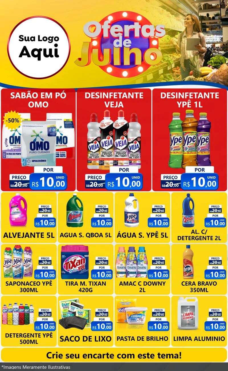 Modelo de Encarte para Encarte Grande com o tema Ofertas de Julho para Produtos de Limpeza