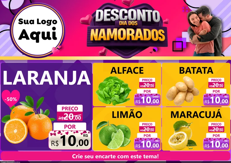 Modelo de Encarte para Encarte A4 Horizontal com o tema Desconto Dia dos Namorados para Hortifrúti
