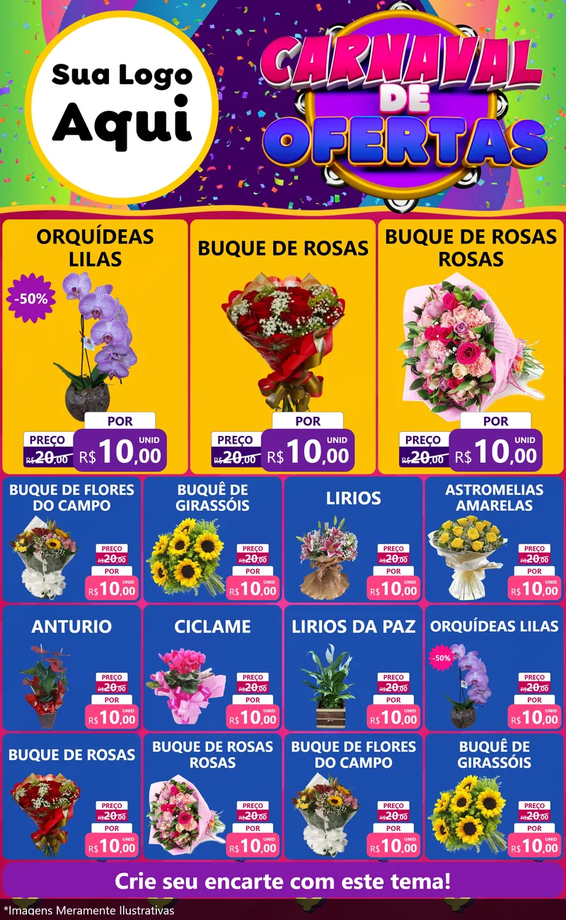 Modelo de Encarte para Encarte Grande com o tema Carnaval de Ofertas para Floricultura e jardim
