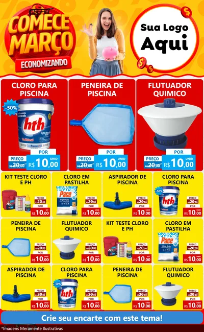 Modelo de Encarte para Encarte Grande com o tema Comece Março Economizando para Produtos para Piscina